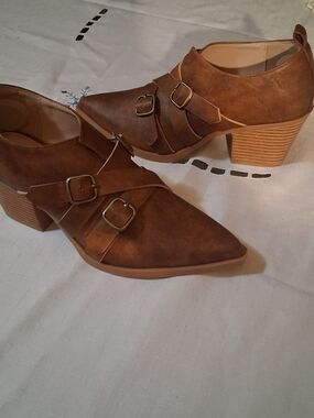 Pointed Toe Double-Buckle Ankle Booties - Brown 7 260880